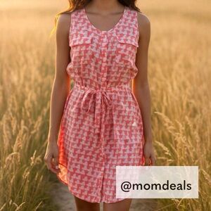 Gap Button Down Racerback Dress Neon Pink Gray Hearts Scoop Neck Waist Tie